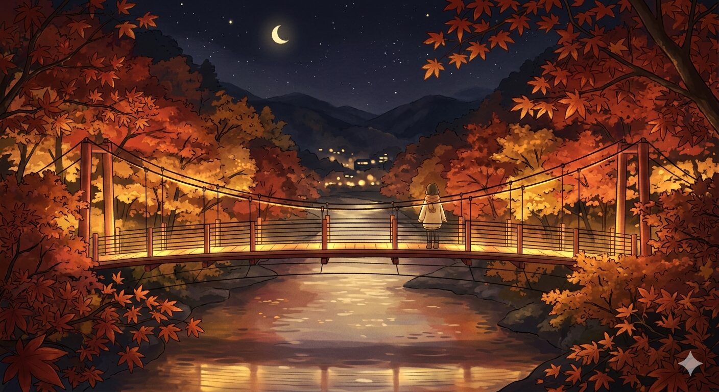 那須塩原の「紅の吊り橋」を舞台に、鮮やかな夜の紅葉と満天の星空を背景にして、橋の上で佇む人物を描いた幻想的なアイキャッチイラスト。