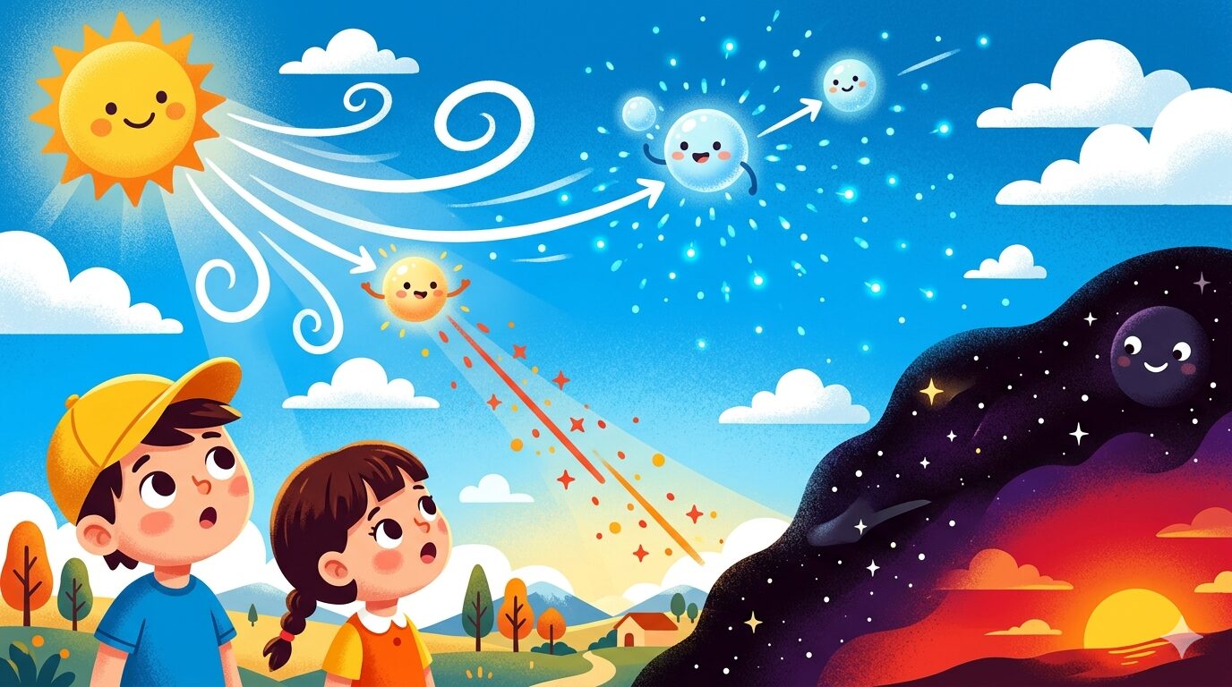 青空を見上げて不思議に思う子供たちと、太陽の光が空気で青く散乱する仕組みを描いた教育的なイラスト