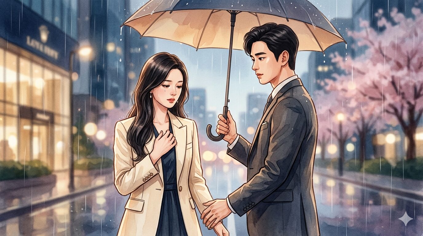 韓国ドラマ「涙の女王」レビュー記事用アイキャッチ：雨の中で一本の傘に入り、切ない表情で見つめ合う財閥令嬢ホン・ヘインとペク・ヒョヌのイラスト