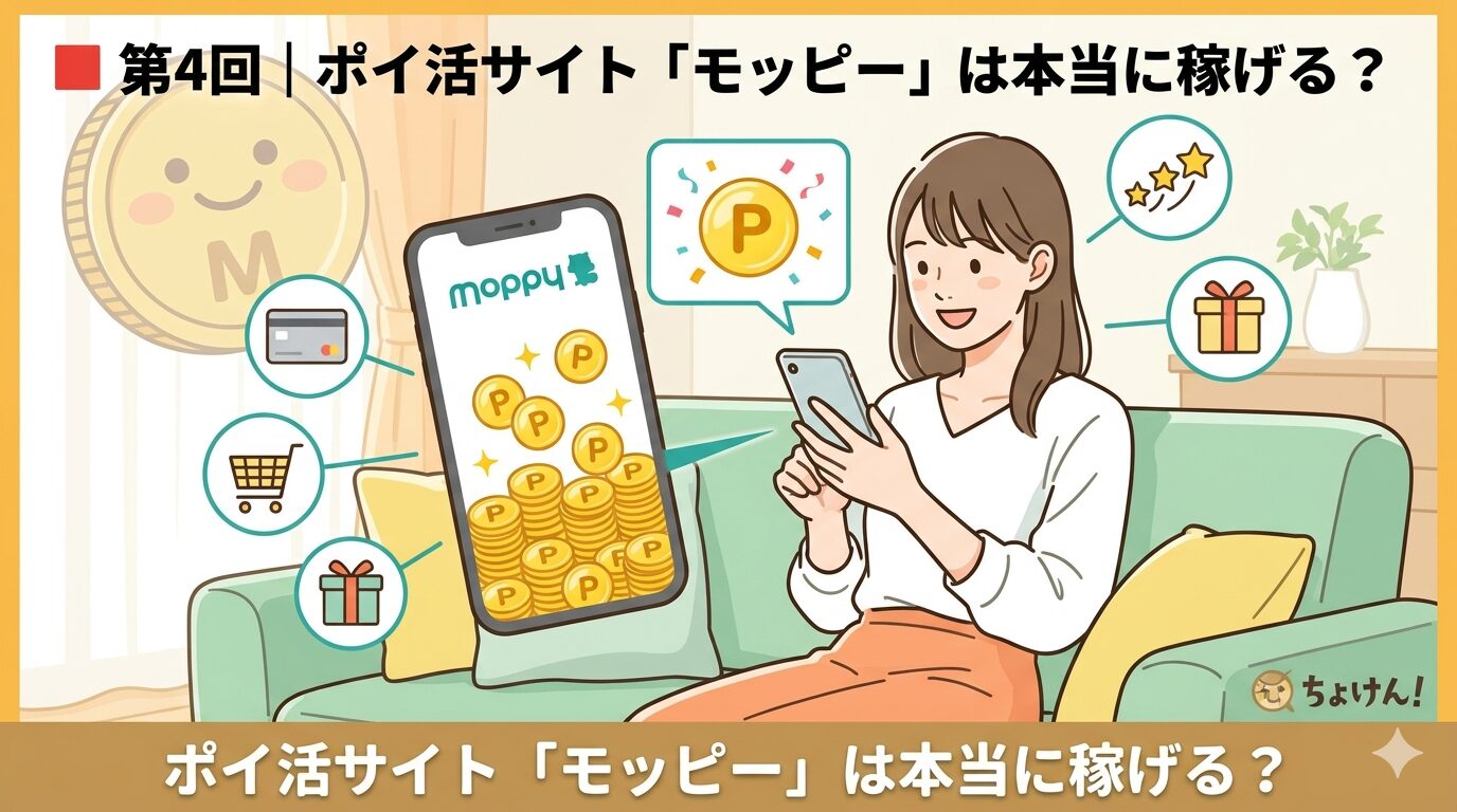 スマホでモッピーアプリを操作しながら、笑顔でポイント（コイン）を貯める女性の、明るく清潔感のあるブログ用アイキャッチイラスト。背景には、クレジットカード、ショッピング、アンケートなどのポイ活方法を象徴するアイコンが浮かんでいる。