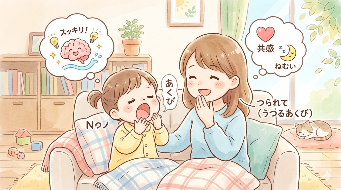 あくびの仕組みを解説する親子のイラスト。子供が大きなあくびをし、それを見た母親が共感してつられている様子。脳のリフレッシュや眠気、共感などのイメージアイコン付き。