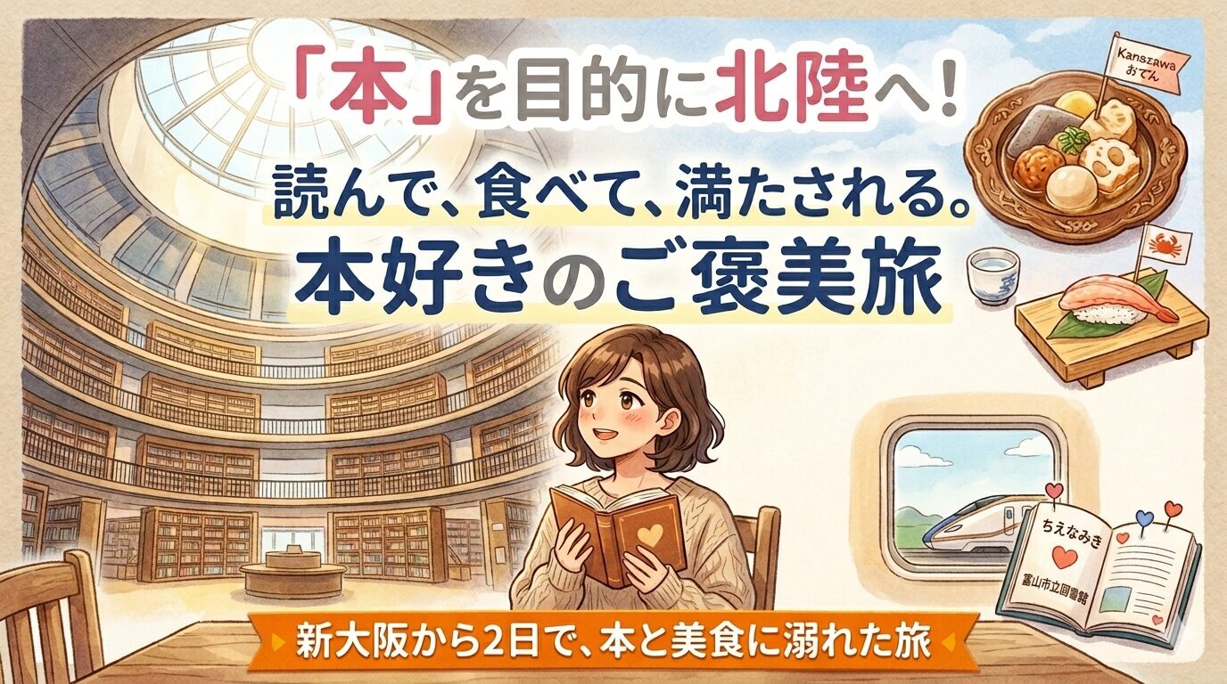 石川県立図書館の円形ホールを背景に本を読む女性と、北陸グルメ（カニ・おでん）が描かれた、北陸の本スポット巡り旅のアイキャッチ画像