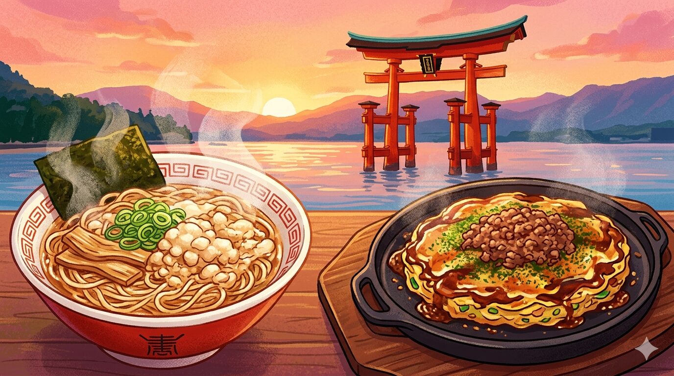 広島の厳島神社を背景に、名物の尾道ラーメンと府中焼きを描いた、食欲をそそる旅のイラスト