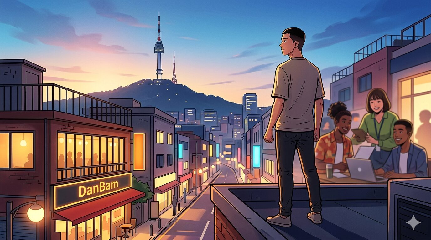 韓国ドラマ『梨泰院クラス』の舞台、ソウル・梨泰院の夜景をバックに、意志の強い後ろ姿で立つ男性のイラスト。不屈の精神と前向きな人生をイメージしたブログアイキャッチ。