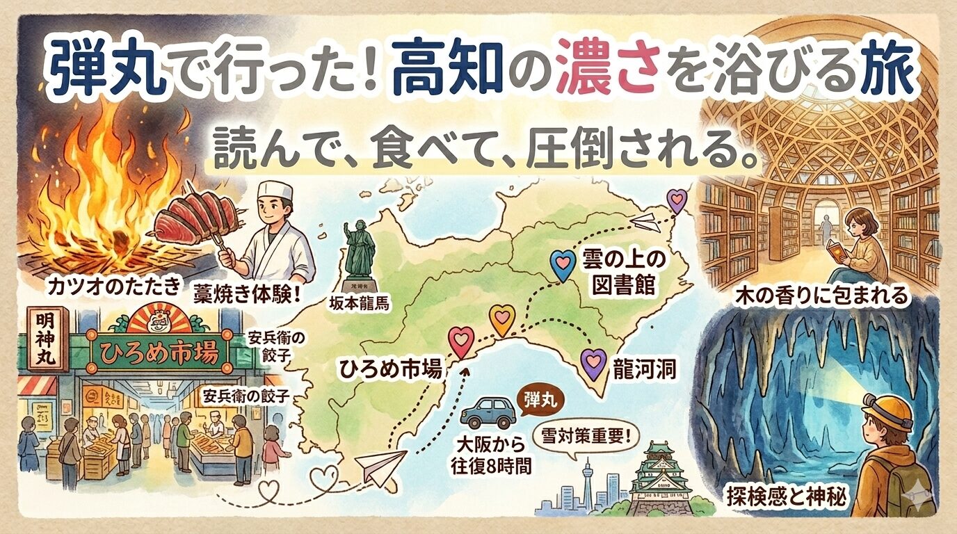 高知の魅力を凝縮したイラスト。カツオの藁焼き、ひろめ市場、雲の上の図書館、龍河洞の探検シーンと高知県の地図が描かれた「高知弾丸旅」のアイキャッチ画像