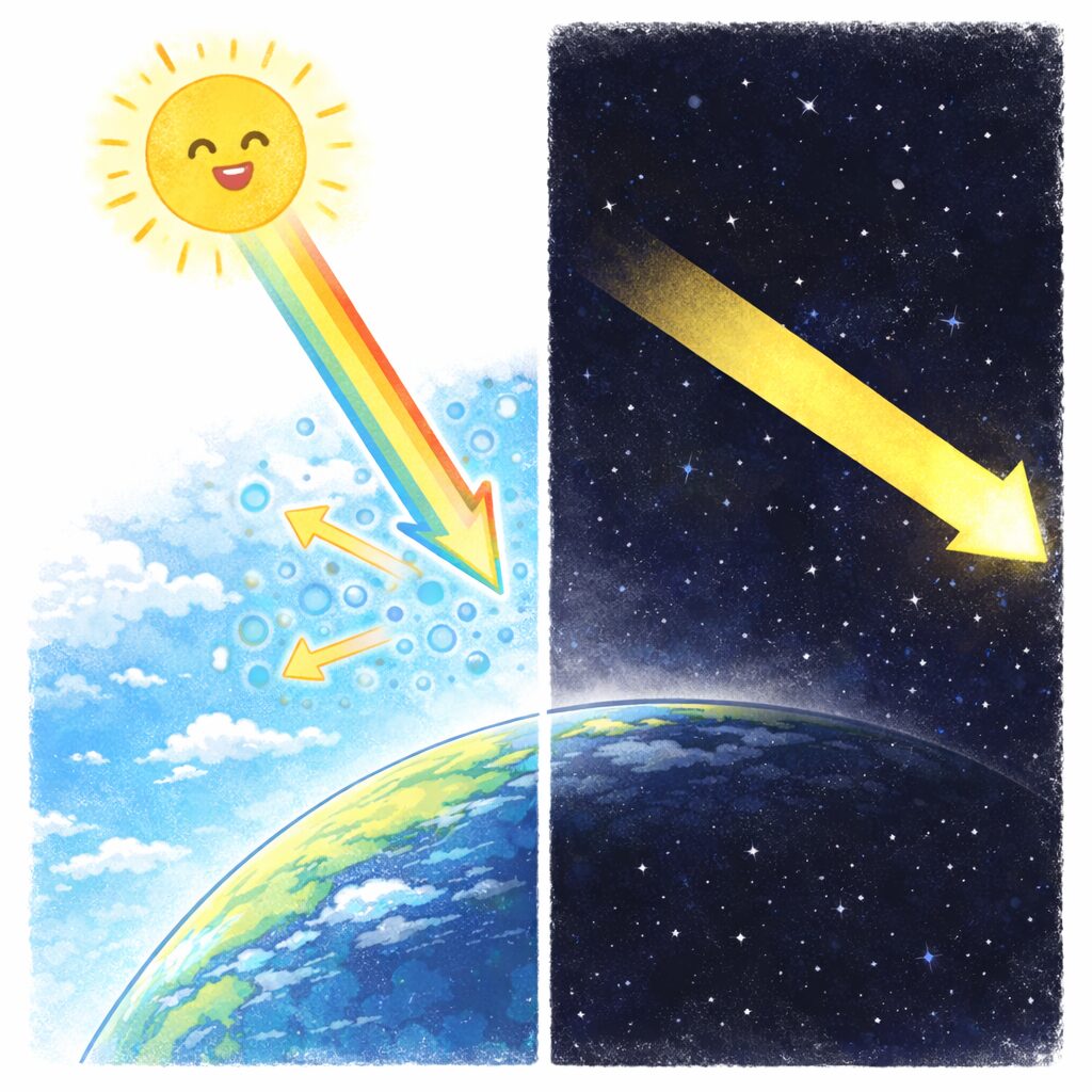 地球の空では光が広がり、宇宙では広がらない違いを表したシンプルな比較イラスト