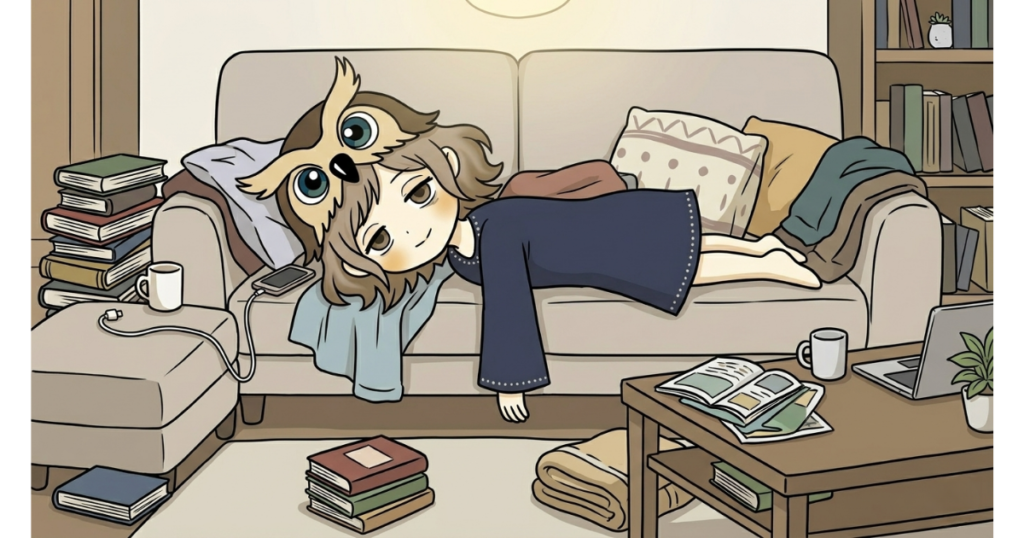 フクロウの帽子をかぶった女の子が、ソファの上で無表情にぐったりと横たわっているイラスト。周囲には本やマグカップ、ノートパソコンが散らかり、疲れ切った様子が描かれている。