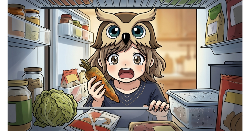 フクロウの帽子をかぶった女の子が、冷蔵庫の中を覗き込みながら、手に持った古びてシワシワになった人参を見て絶望しているイラスト。