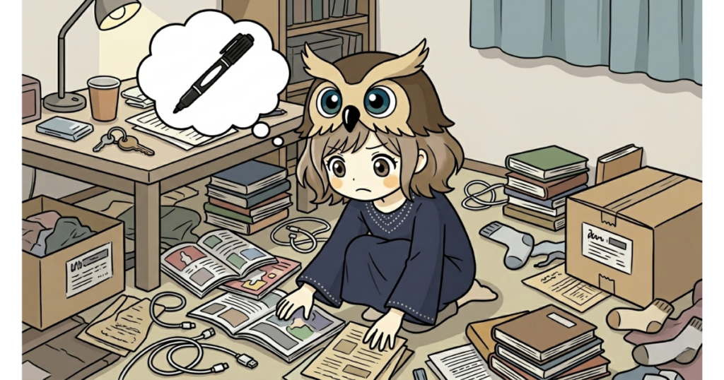 フクロウの帽子をかぶった女の子が、散らかった部屋の床に座り込み、吹き出しでペンを思い浮かべながら探しものをしているイラスト。