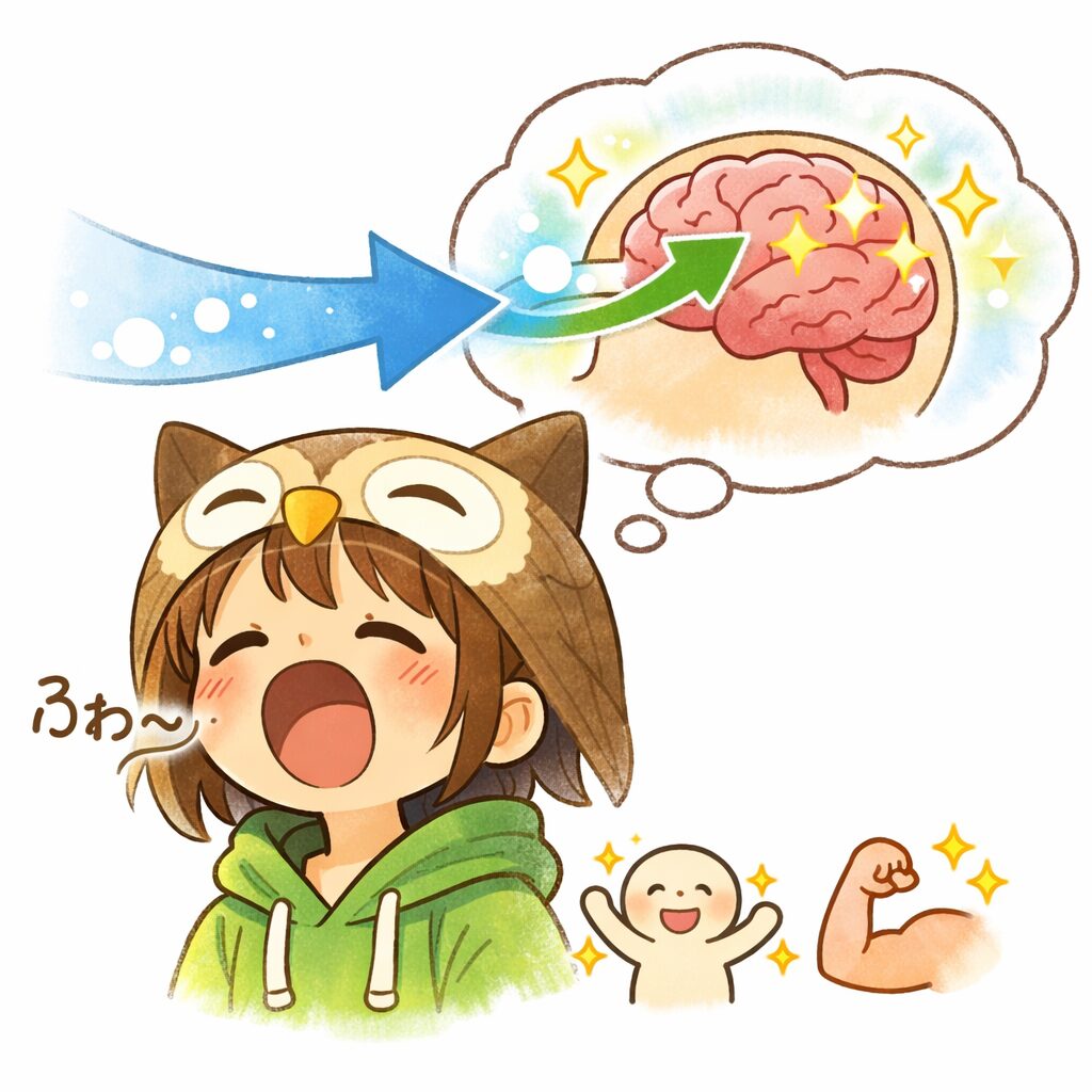 フクロウ帽子の少女があくびをし、酸素が脳に届いてスッキリする様子を表したイラスト