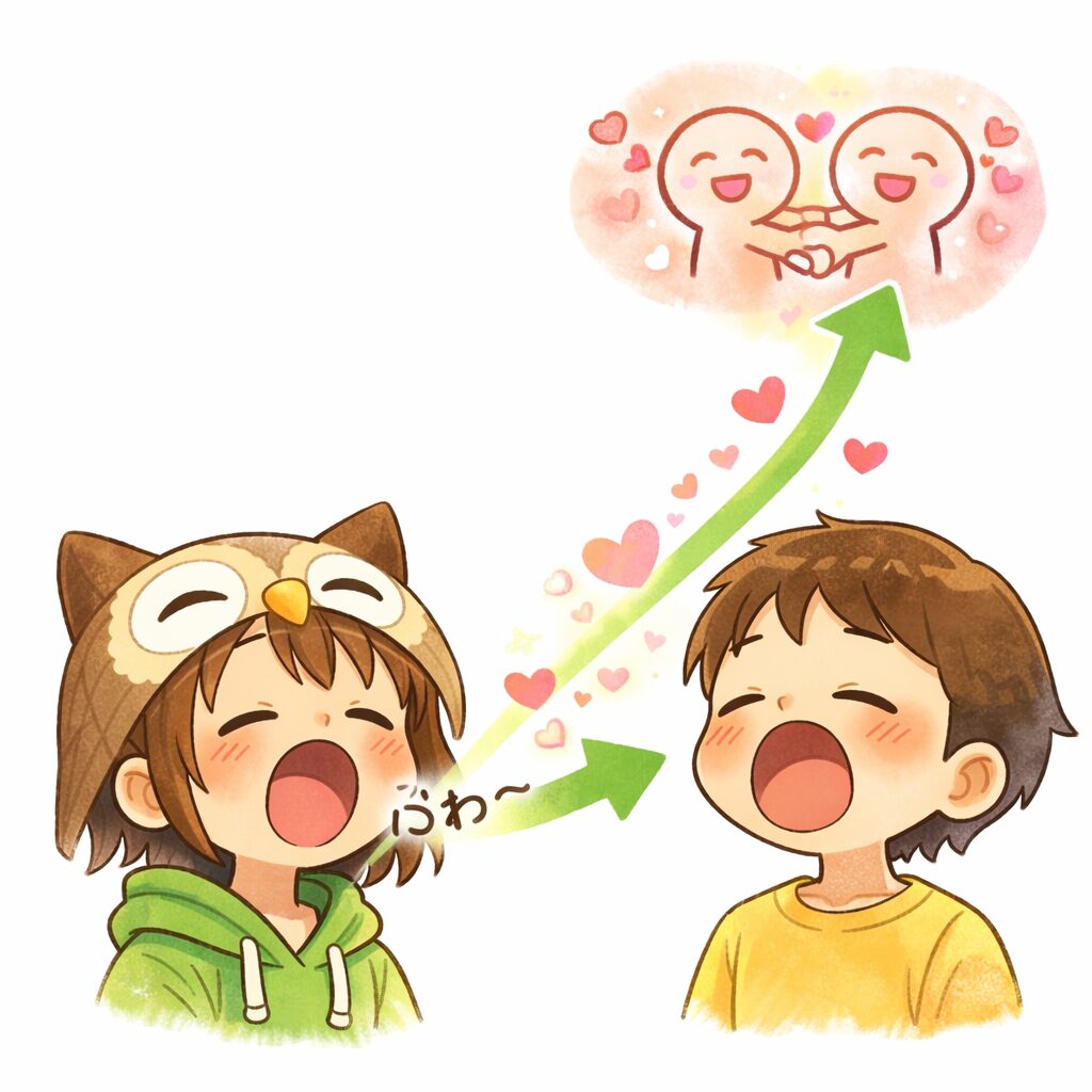 フクロウ帽子の少女のあくびが隣の子にうつり、共感であくびが伝わる様子のイラスト