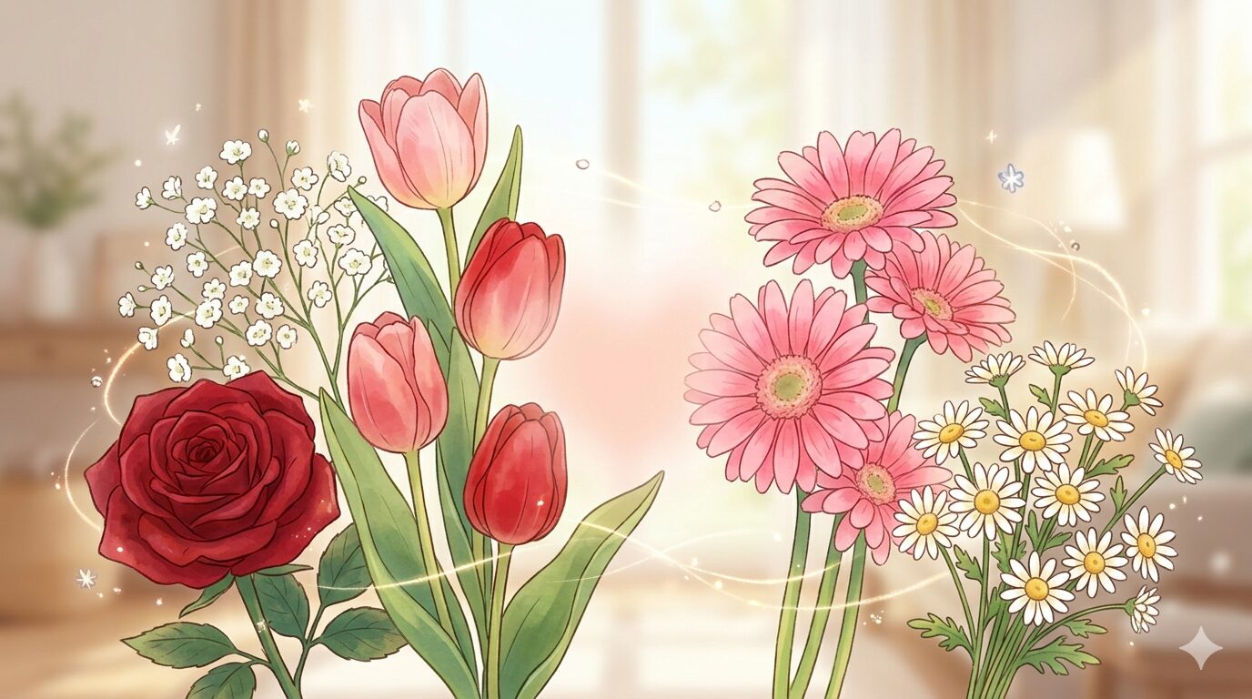 愛を伝える赤いバラやピンクのチューリップ、かすみ草などの美しい花々のイラスト