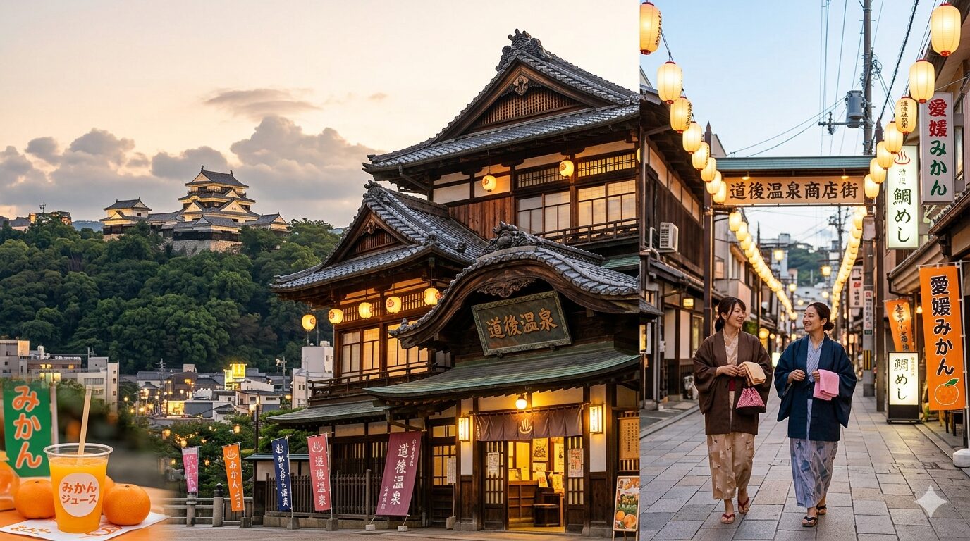 愛媛旅行の魅力：夕暮れ時の松山城とライトアップされた道後温泉本館、そして湯上がりに浴衣で商店街を散策する女性たちとみかんジュース。