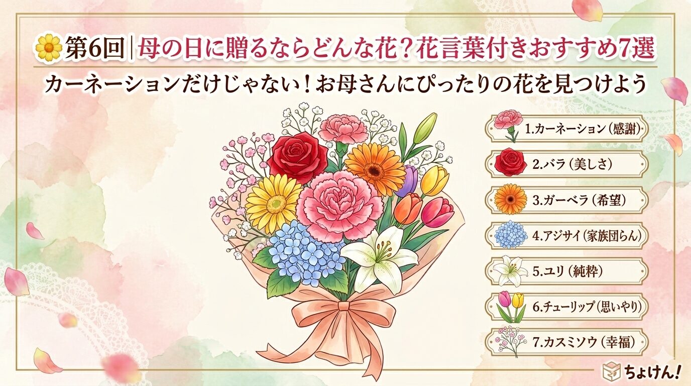 母の日におすすめの花7選（カーネーション、バラ、ガーベラ、アジサイ、ユリ、チューリップ、カスミソウ）を花言葉付きで紹介するアイキャッチ画像。中央に華やかな花束のイラストが描かれ、右側に各花の名前と花言葉がリストアップされています。