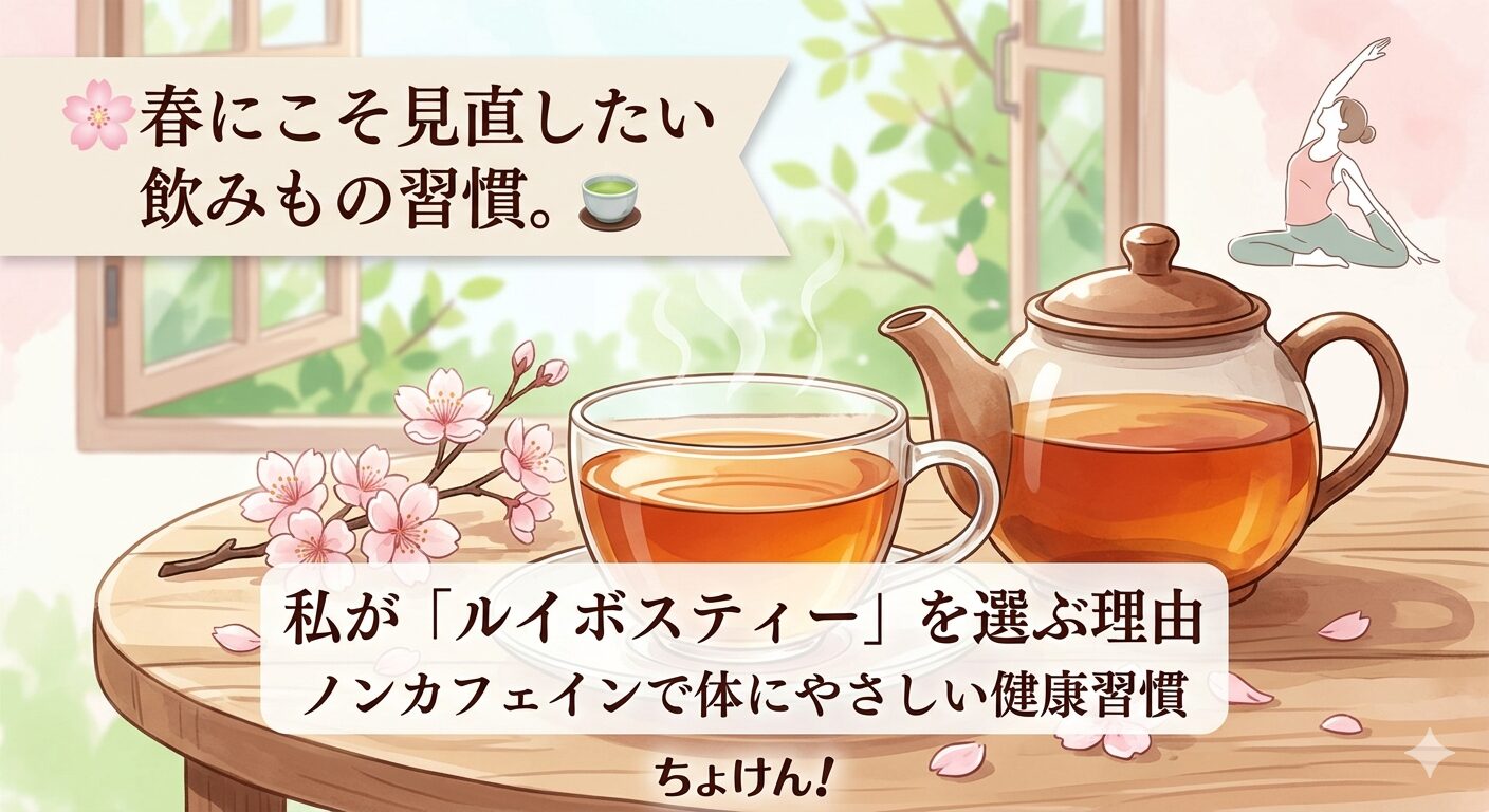 温かいルイボスティーが入ったカップと、春を感じさせる桜の花びらが散りばめられた、清潔感のある明るい雰囲気のイラスト