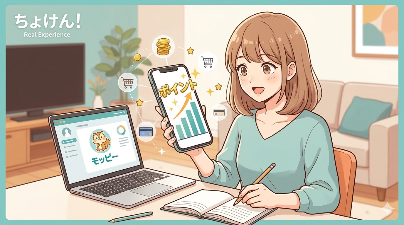 明るくモダンな部屋で、女性キャラクターがノートパソコンとスマートフォンを使いスマートにポイ活を楽しむ様子を描いたイラスト。スマホ画面には「ポイント」の文字と上昇する金色のグラフが表示されており、一気にポイントが貯まる驚きを表現している。