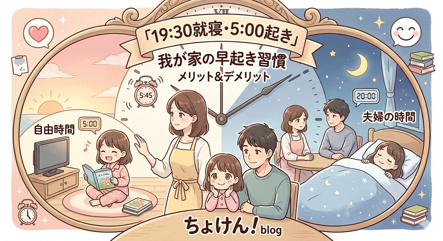 19時半就寝・5時起きの生活リズムを描いたイラスト。子供の自由時間、家族の朝の時間、夜の夫婦の時間の3つのシーンが時計の中に描かれている。