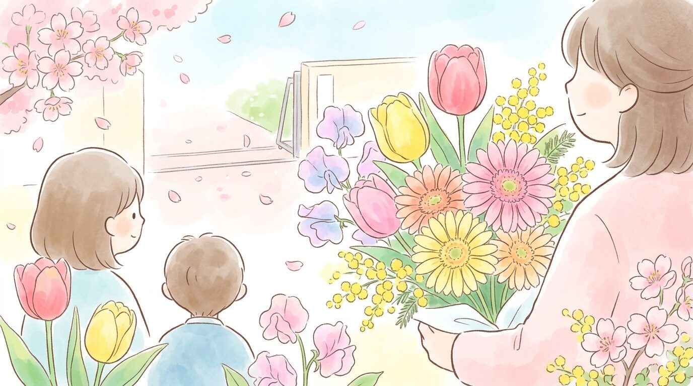 入学祝いにぴったりな、チューリップやガーベラなどの春の花がやさしいタッチで描かれた、温かみのあるイラスト。新しい門出を祝う明るい雰囲気を表現している。