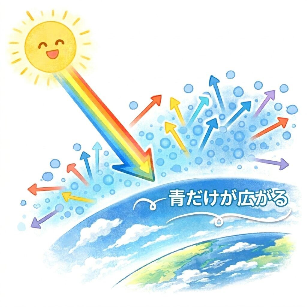 太陽光が地球の大気層で散乱し、青い光が広がって空が青く見える仕組み（レイリー散乱）のイラスト。「青だけが広がる」というテキスト入り。