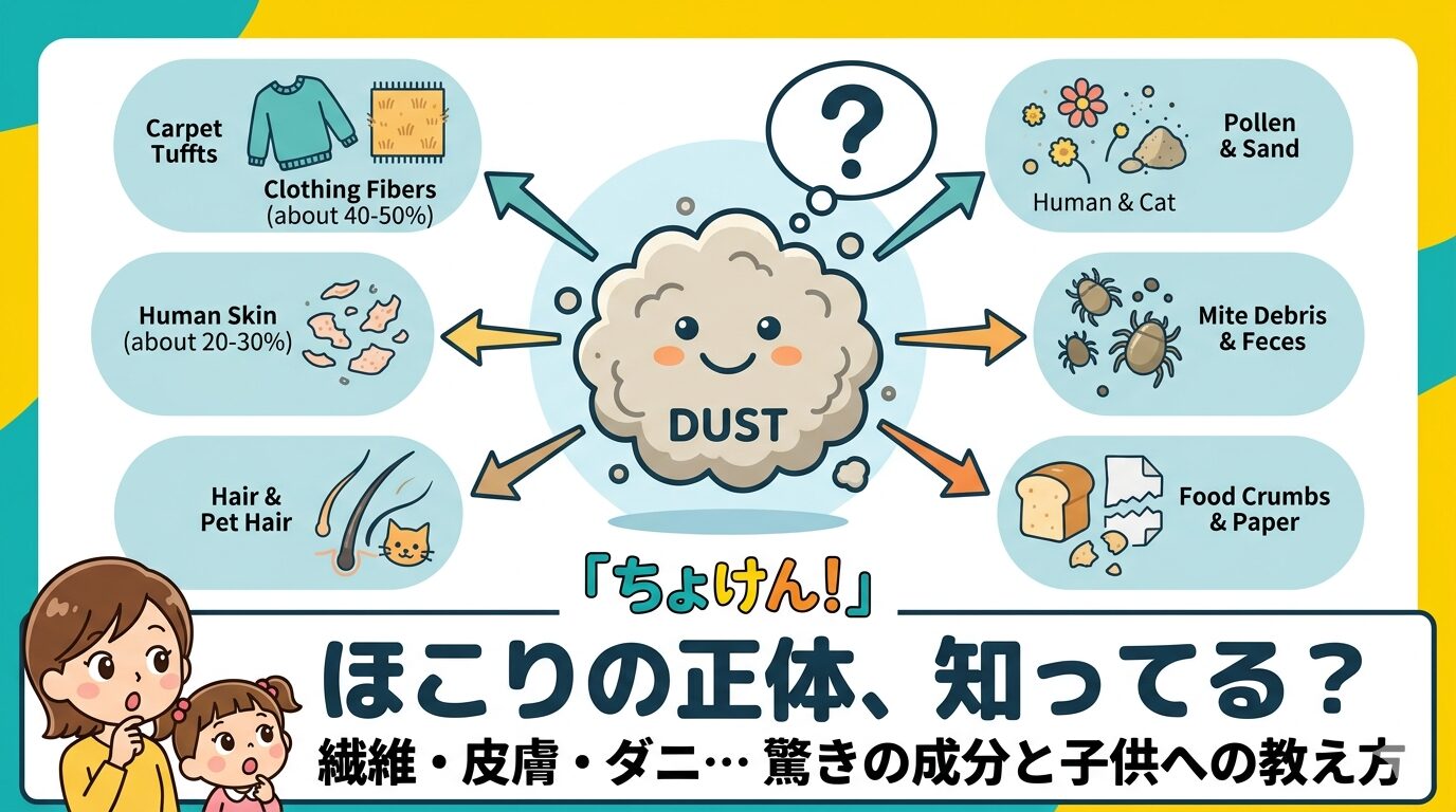 ほこりの正体を図解したアイキャッチ画像。中央のほこりのキャラクターから矢印が伸び、周囲に「繊維（服・カーペット）」「皮膚」「髪の毛（人・ペット）」「花粉・砂」「ダニ（死骸・フン）」「食べかす・紙」の6つの主成分がイラストとパーセンテージ（繊維：約40-50%、皮膚：約20-30%）で示されている。下部には好奇心旺盛な母子のイラストと共に「ほこりの正体、知ってる？繊維・皮膚・ダニ…驚きの成分と子供への教え方｜ちょけん!」というテキストが配置されている。