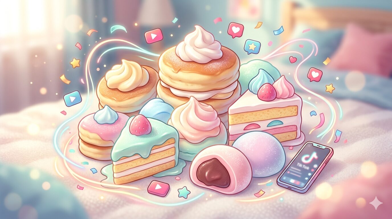 パステルカラーの可愛いパンケーキやスイーツの形をしたメロジョイ風スクイーズと、背景に映るスマートフォンのTikTok画面のイメージイラスト