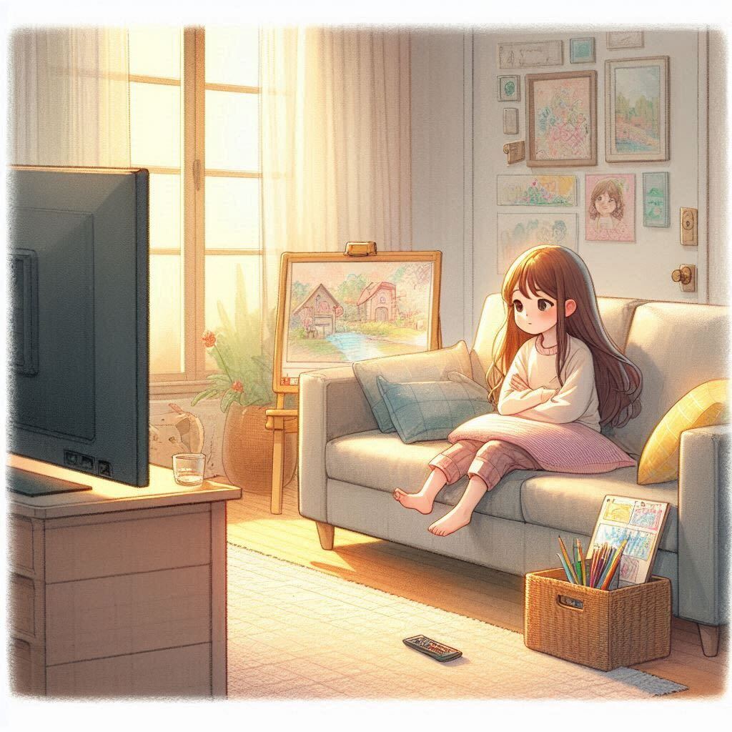 パジャマ姿でソファに座り、テレビを見ている女の子のイラスト