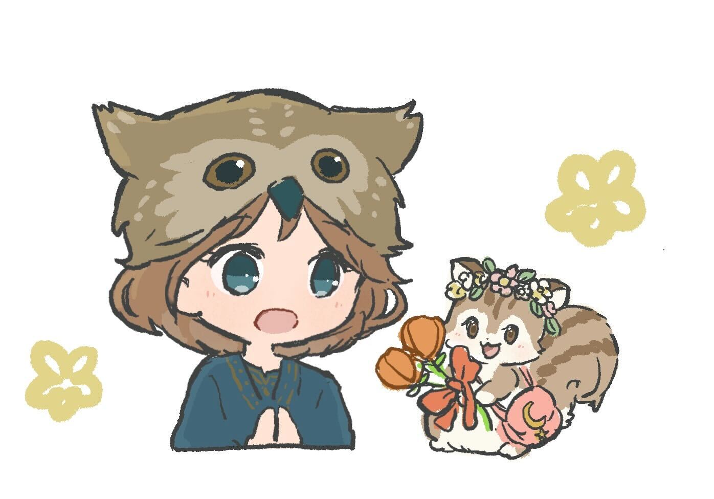 フクロウ帽子をかぶった少女が手を合わせて微笑み、花冠をつけた小さなリスが花束とリンゴを持って寄り添うかわいいイラスト