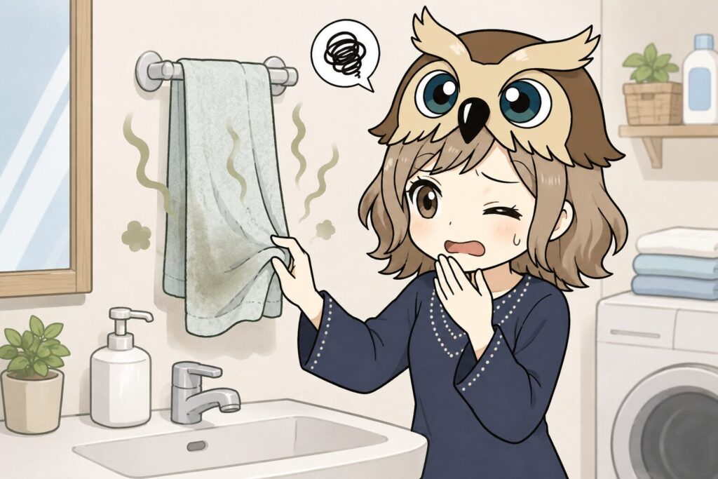 フクロウ帽子の女の子が、タオルの生乾き臭に悩んでいる様子。