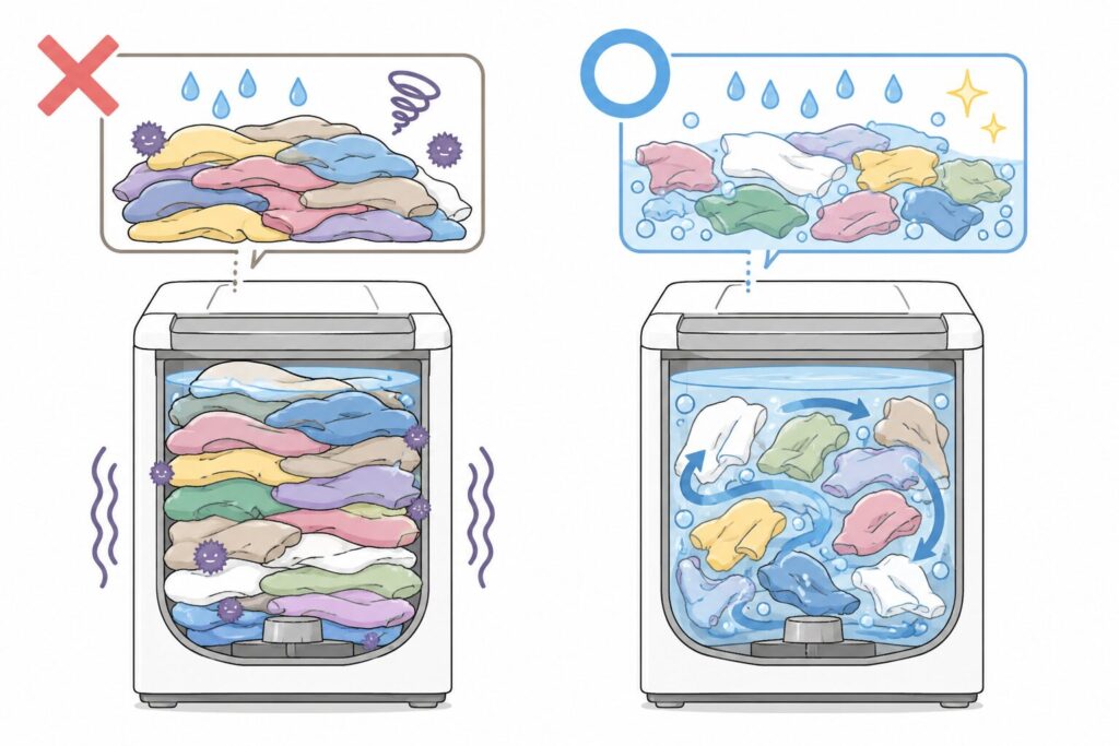 洗濯機に洗濯物を詰め込みすぎるとうまく洗えない様子を図解している。洗濯槽にゆとりがあると、水と洗剤と洗濯物がよく動いて効果的に洗濯ができる。