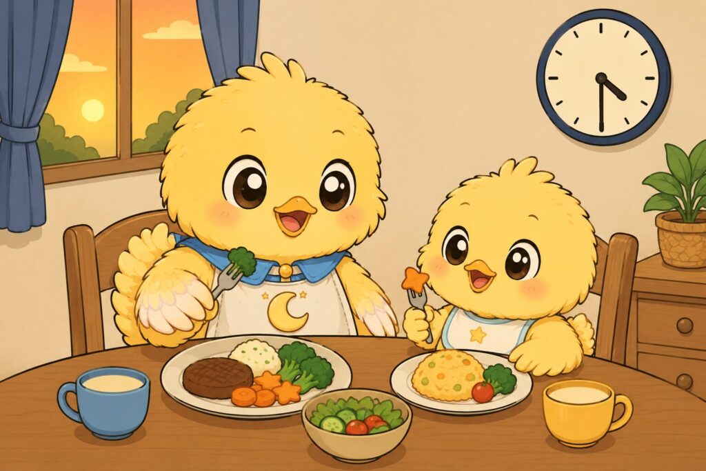 ひよこの親子が夕食を食べている様子。16:30と早い時間に夕食を食べている。