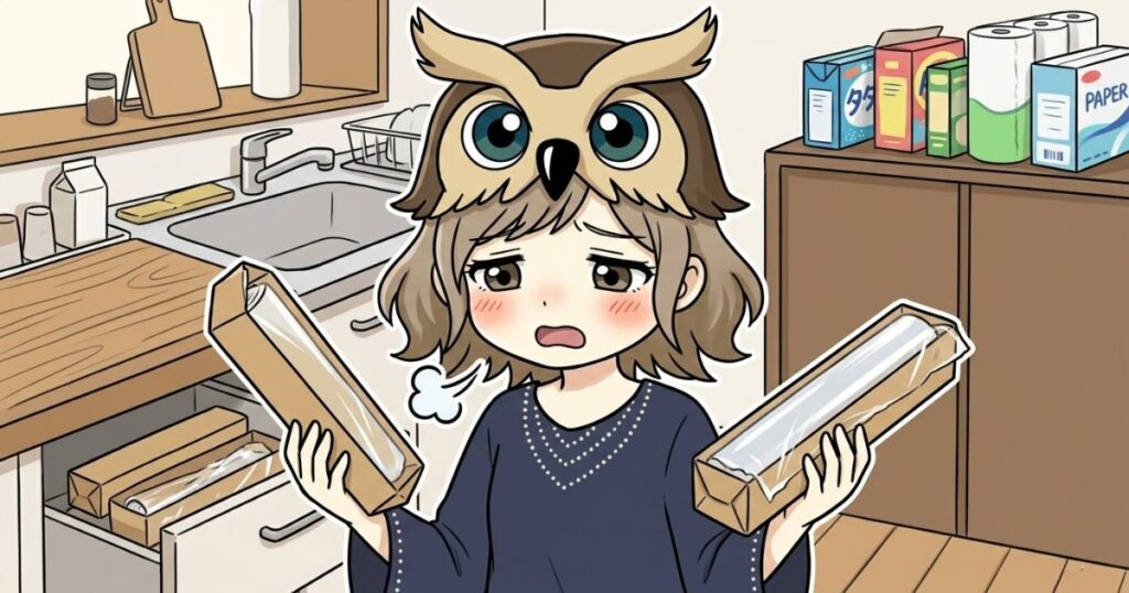 フクロウの帽子をかぶった女の子が、キッチンで困惑した表情でレシートと複数の「PLASTIC WRAP」の箱を見比べているイラスト。背景の棚にはさらに予備のラップが並んでいる。