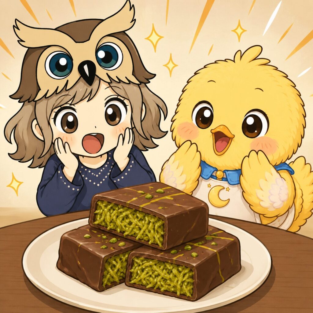 フクロウ帽子の女の子とひよこのキャラクターが、ドバイチョコ餅を見て喜んでいる様子。