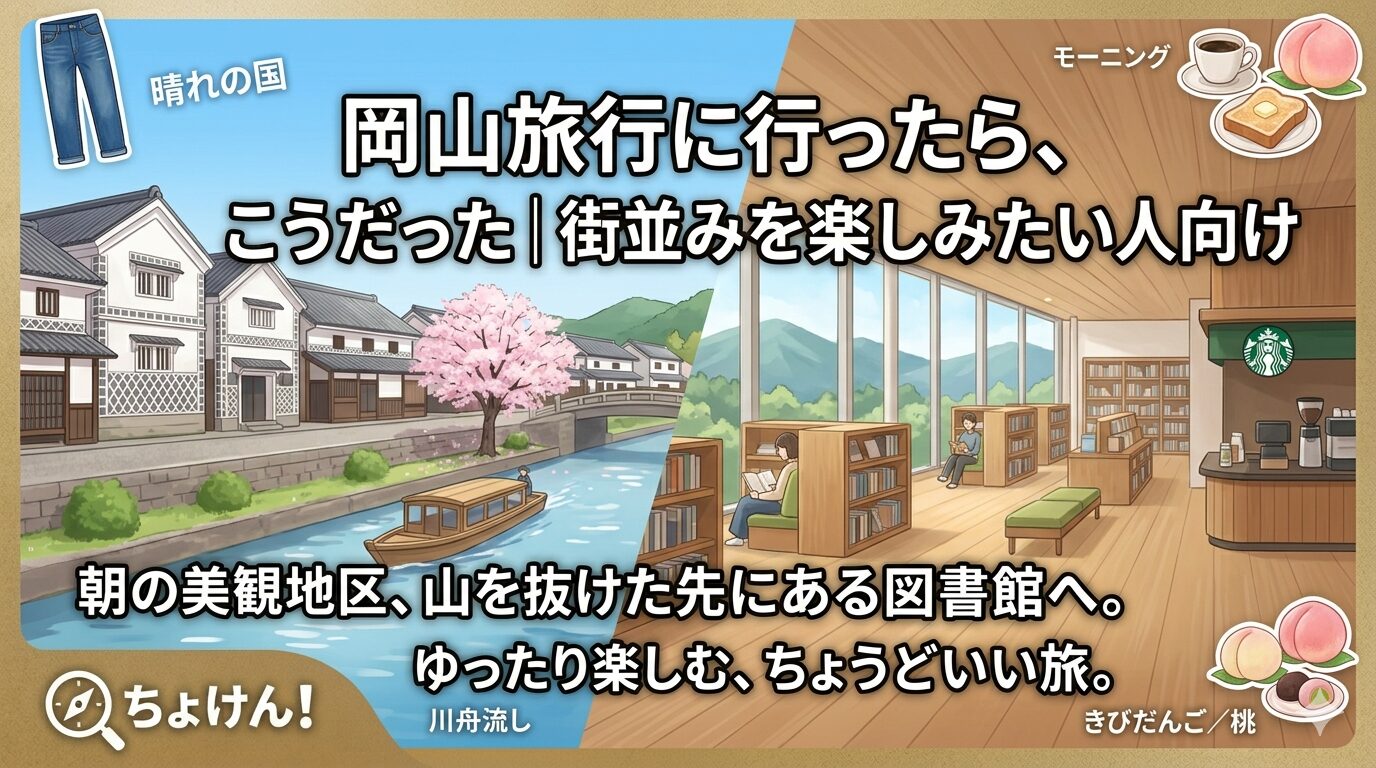 岡山観光の魅力を表現したアイキャッチイラスト：倉敷美観地区の白壁の街並みと桜、山間にあるモダンな高梁市図書館とカフェの様子、デニムやモーニングのアイコン、「岡山旅行に行ったら、こうだった｜街並みを楽しみたい人向け」のタイトルテキスト
