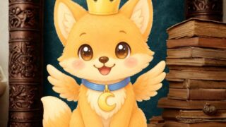 王冠と羽がついた可愛いキツネのキャラクターが本の上に座っているイラスト