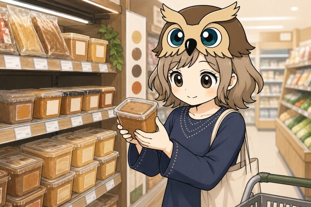 女の子がスーパーの店頭で味噌を選んでいる様子。原材料やパッケージの表示をよく確認しています。