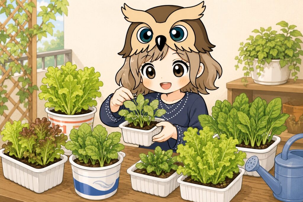 フクロウ帽子の女の子が豆腐パックなどの再利用容器で家庭菜園を楽しんでいる様子。