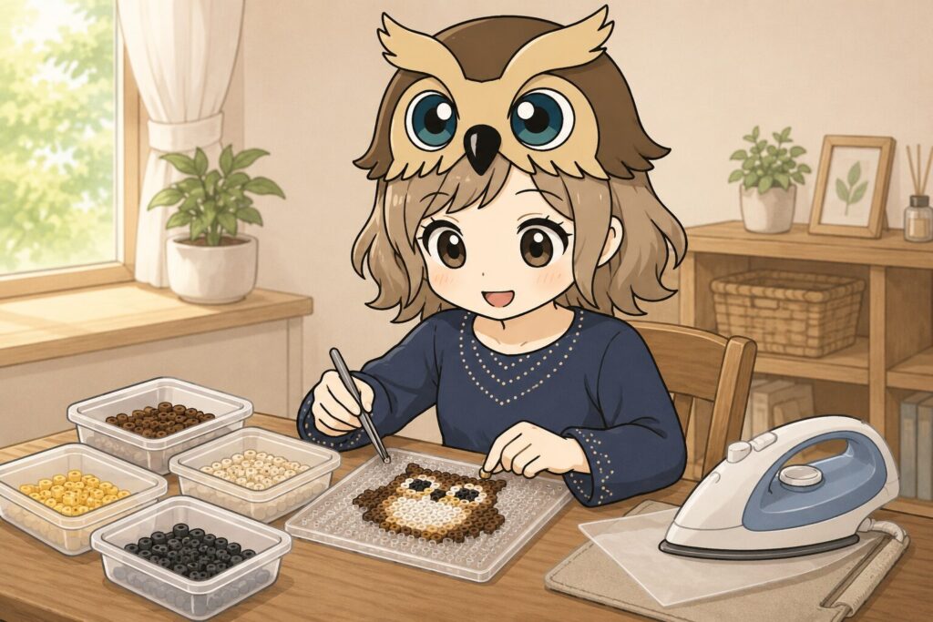 フクロウ帽子の女の子がアイロンビーズ制作をしているイラスト。